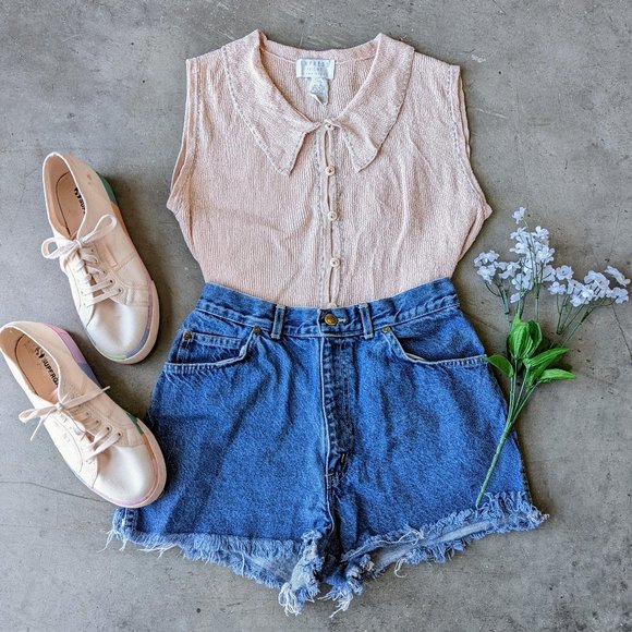Vintage Tops - Vintage 90s Express Pastel Pink Ribbed Knit Silk Button Down Tank Top large